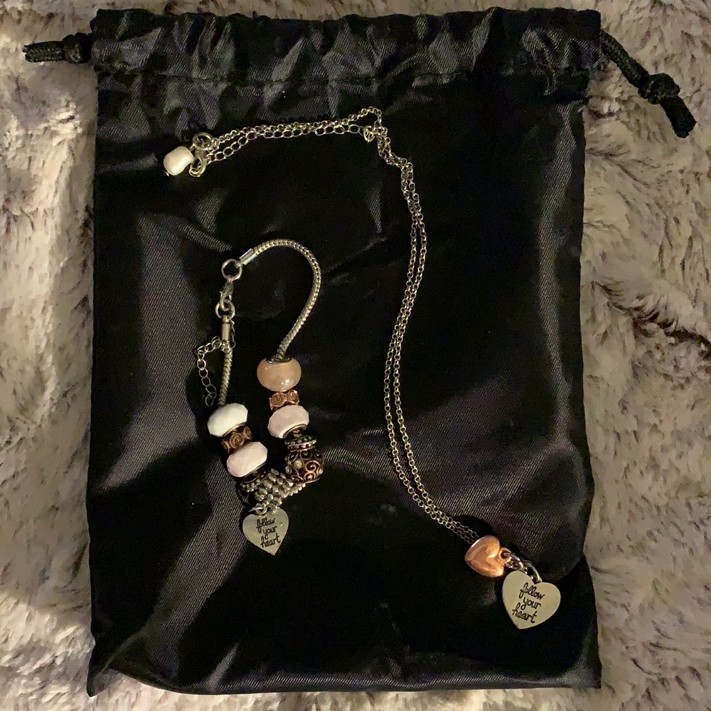5/$25 Follow Your Heart silver necklace & bracelet w/heart charm, beads, & more.